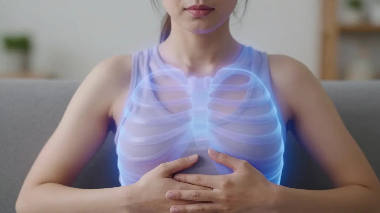 Ruce na břiše při hlubokém dýchání, tělo klidné a uvolněné.