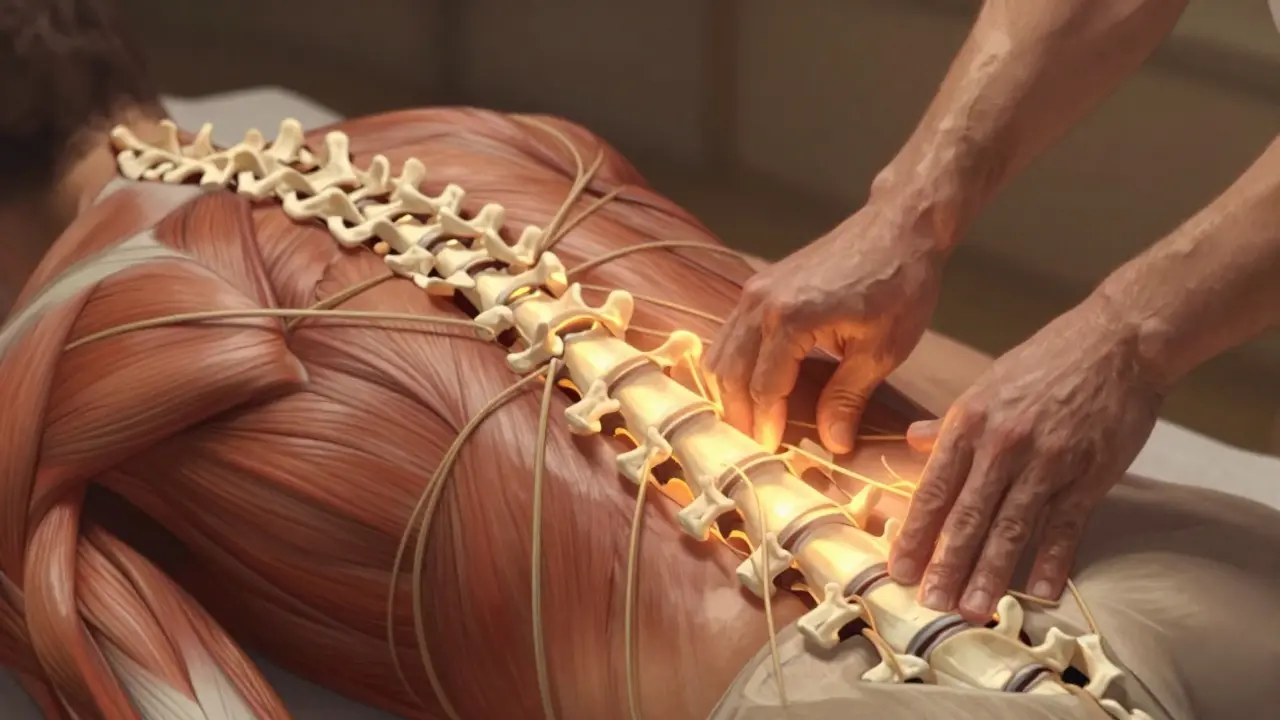 Ruky masírují napjaté svaly záda, zlaté světlo symbolizuje zlepšení krevního oběhu.