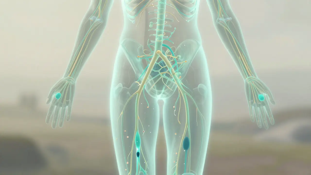 Světelná síť lymfatických cév proudící skrz lidské tělo od končetin k uzlům.