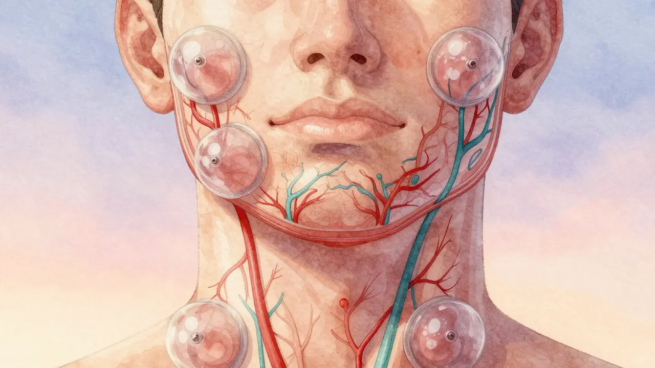 Umělecká ilustrace krevního oběhu a lymfy pod kůží během baňkování obličeje.