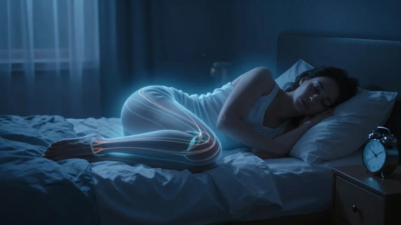 Žena spí v klidu, s jemným světlem naznačujícím proudění lymfy pod kůží.