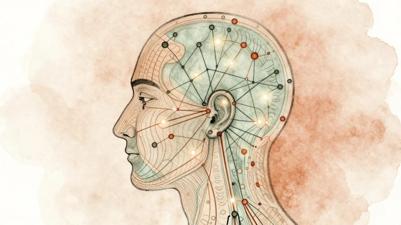 Abstraktní ilustrace energetických bodů na hlavě spojených s orgány podle ayurvédské medicíny.