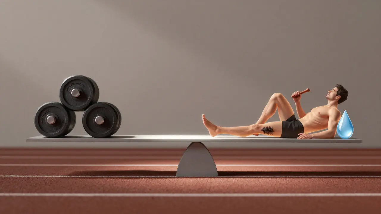 Balanced scale representing muscle recovery: tension on one side, relaxation and hydration on the other.