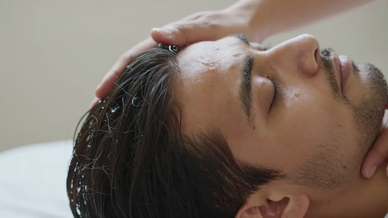 Blízký záběr mužovy pokožky hlavy po masáži s leskem oleje a uvolněným výrazem tváře.