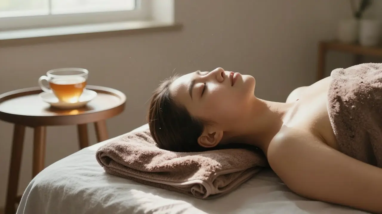 Osoba po čokoládové masáži klidně odpočívá, s teplým čajem a slunečním světlem na kůži.