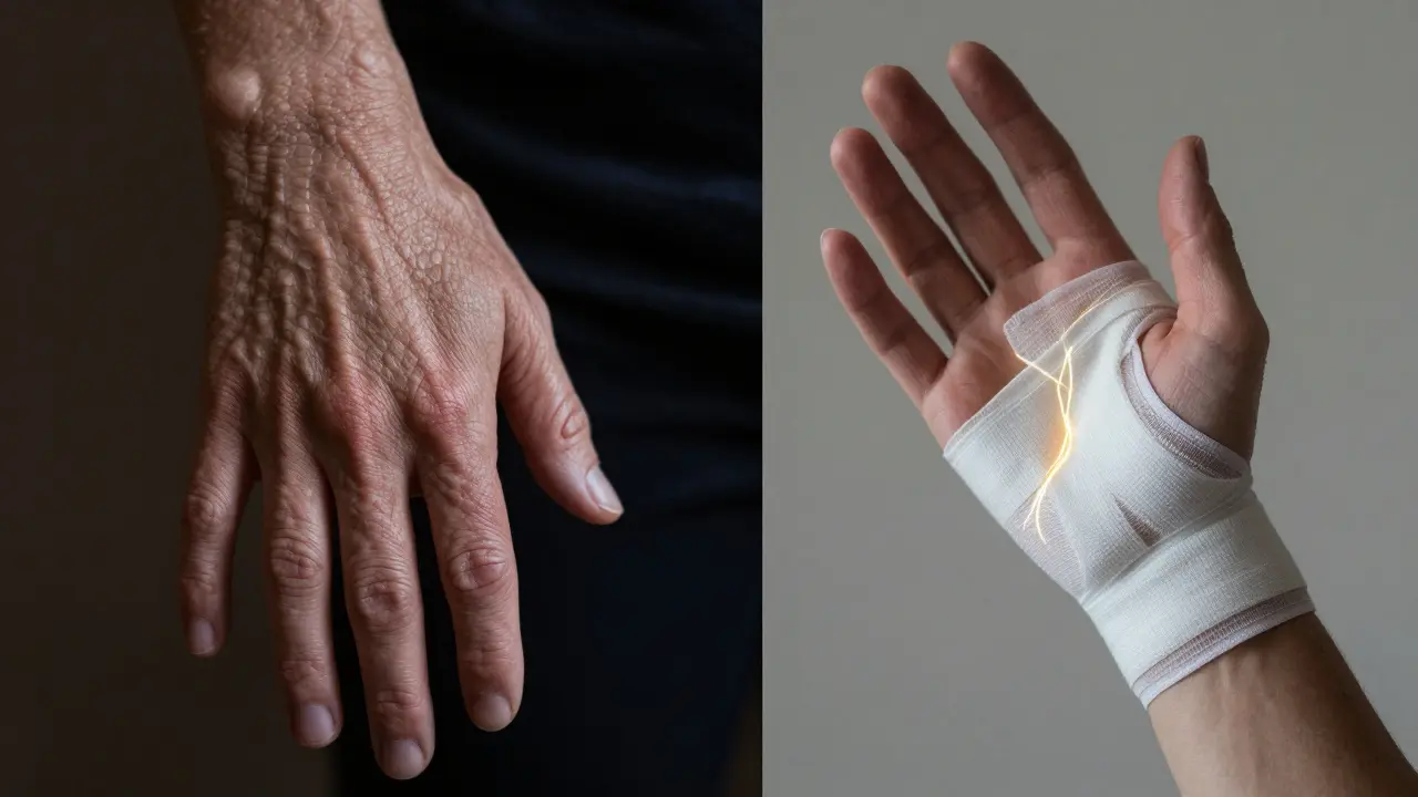 Porovnání opuchlé ruky s hrubou kůží a stejné ruky s kompresním obvazem a tokem lymfy.