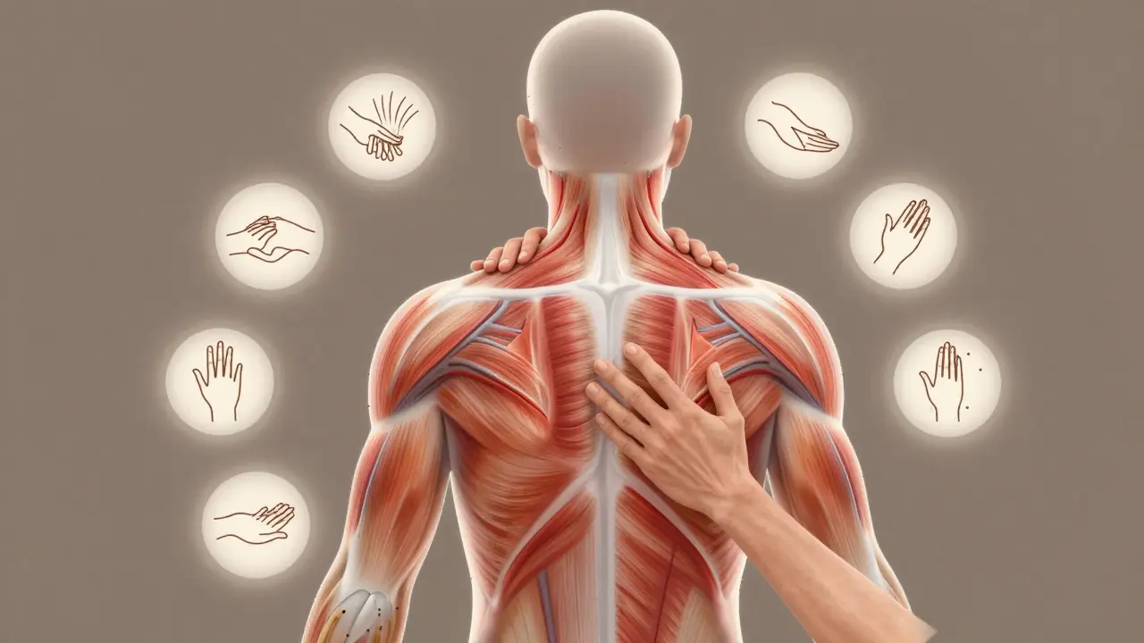Přehled lidského těla s viditelným zlepšením krevního oběhu v svalových oblastech během klasické masáže.