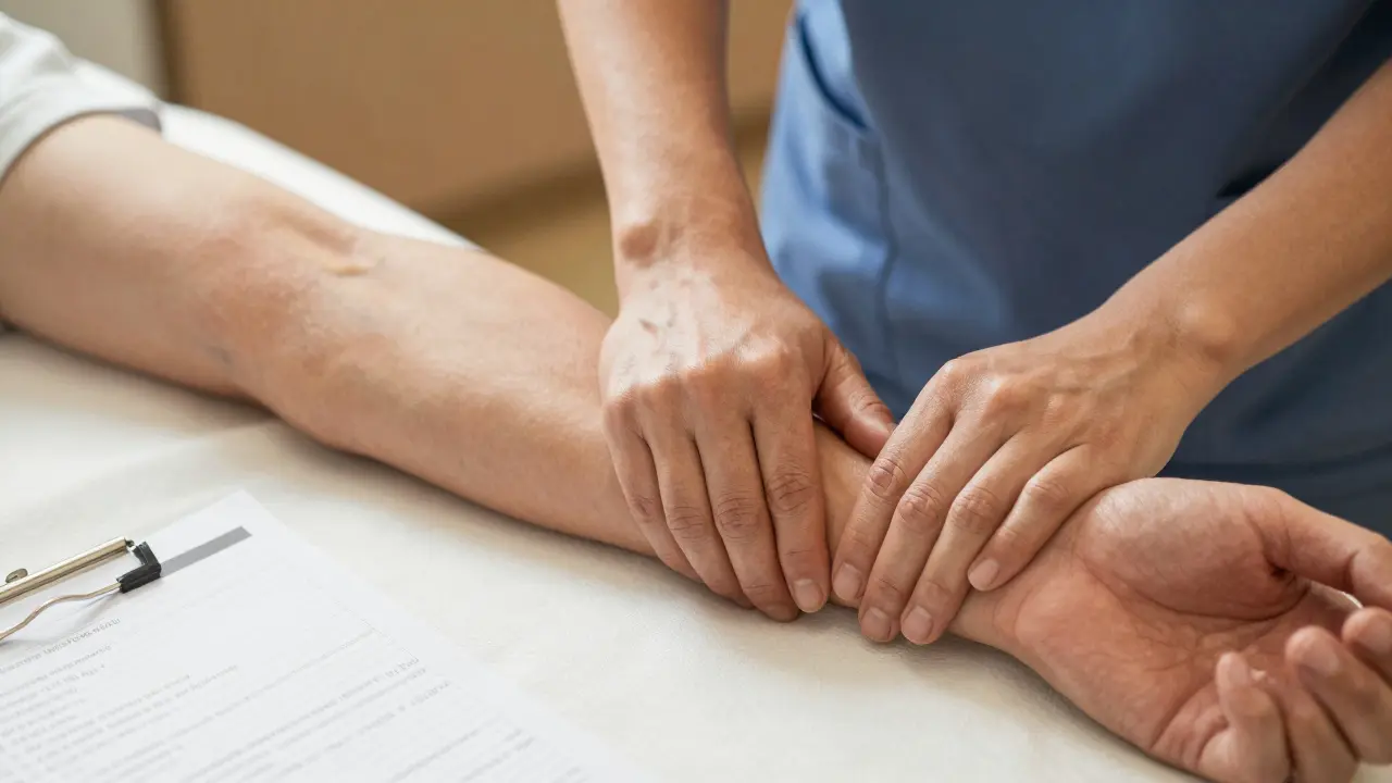 Terapeut jemně masíruje opuchlou paži pacientky rytmem, který podporuje tok lymfy.