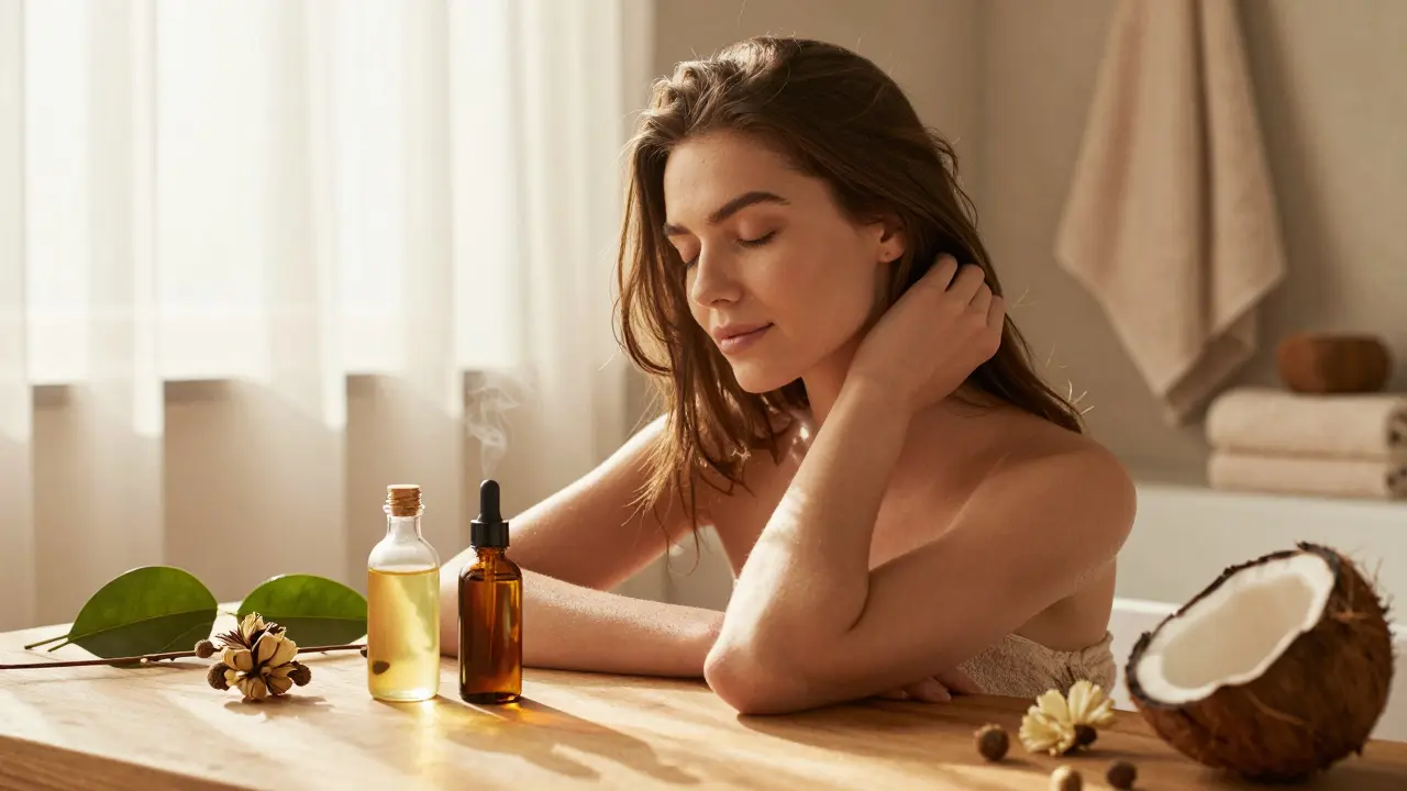 Žena při péči o vlasy s přírodními oleji ve svérázném osvětlení