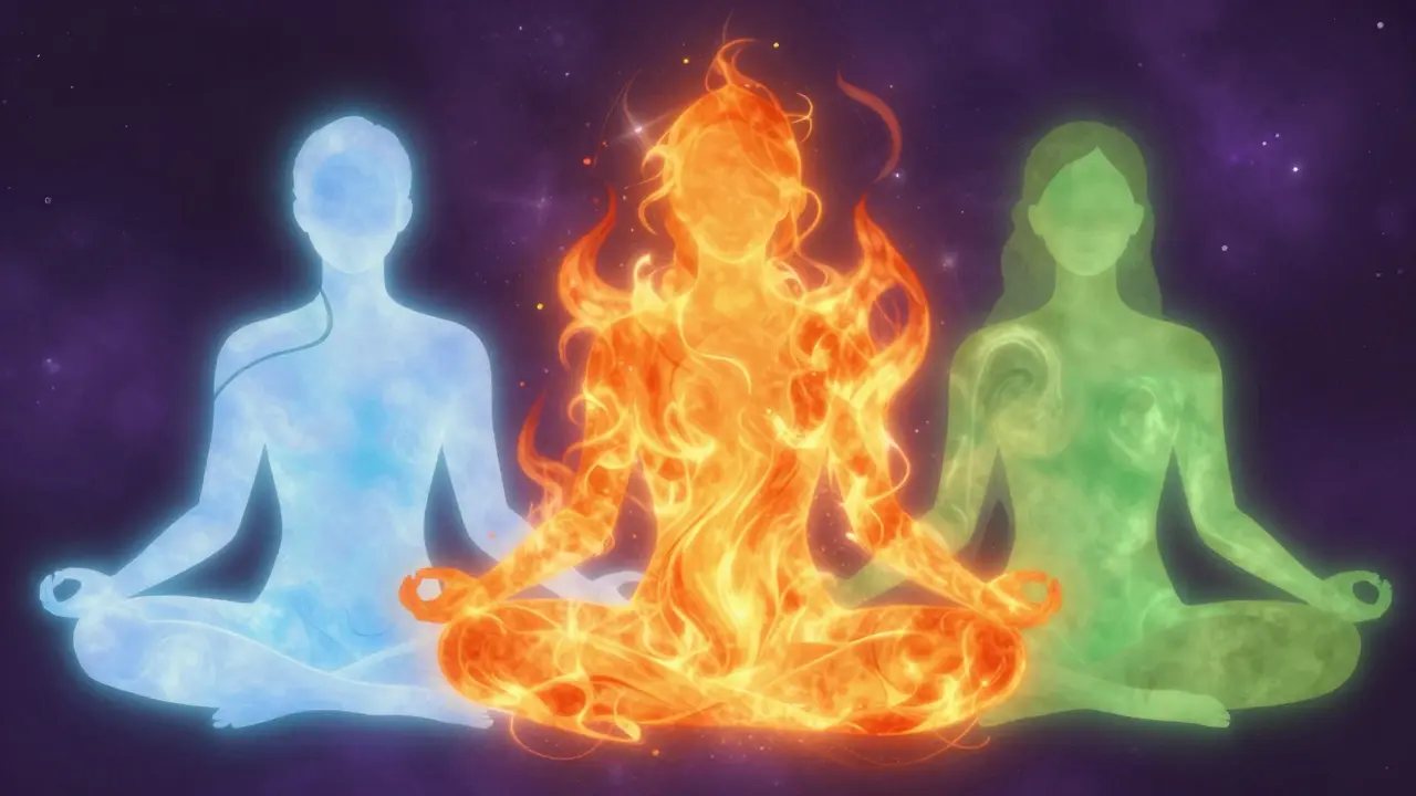 Abstraktní znázornění tří ájurvédských dosh v harmonickém spojení v lidské siluetě.