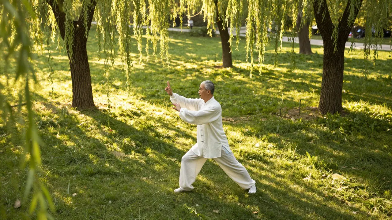 Člověk cvičící Tai Chi v parku při zapadющем slunci pro udržení proudění energie.