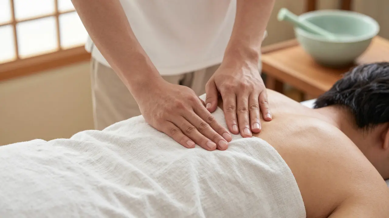 Detail ruky terapeuta při Tui Na masáži ramene klienta v lehkém oblečení.