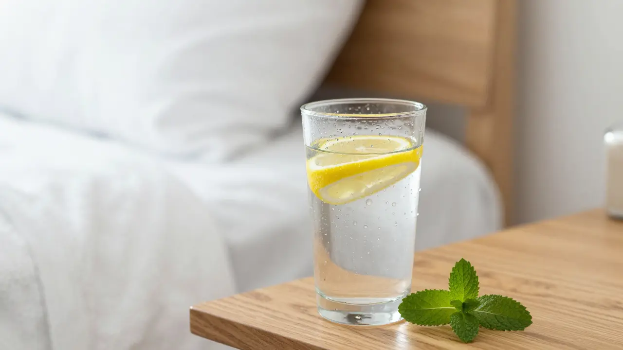 Klenice vody s citronem vedle bílého županu jako symbol hydratace po masáži.