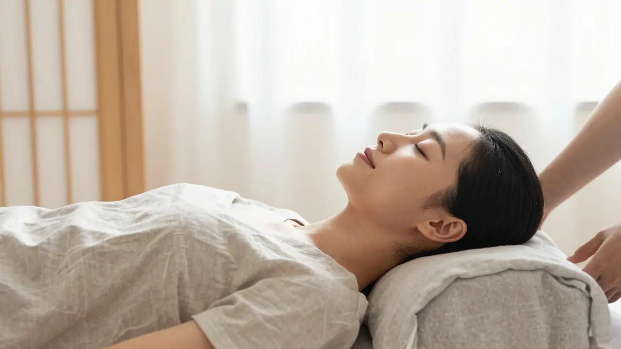 Klidná osoba v minimalistickém prostředí po terapeutické masáži