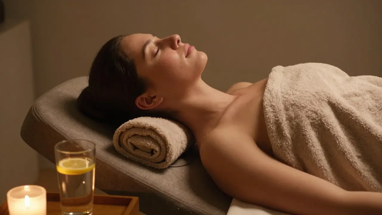 Klidný člověk v hluboké relaxaci po reflexní masáži s pohárkem vody.