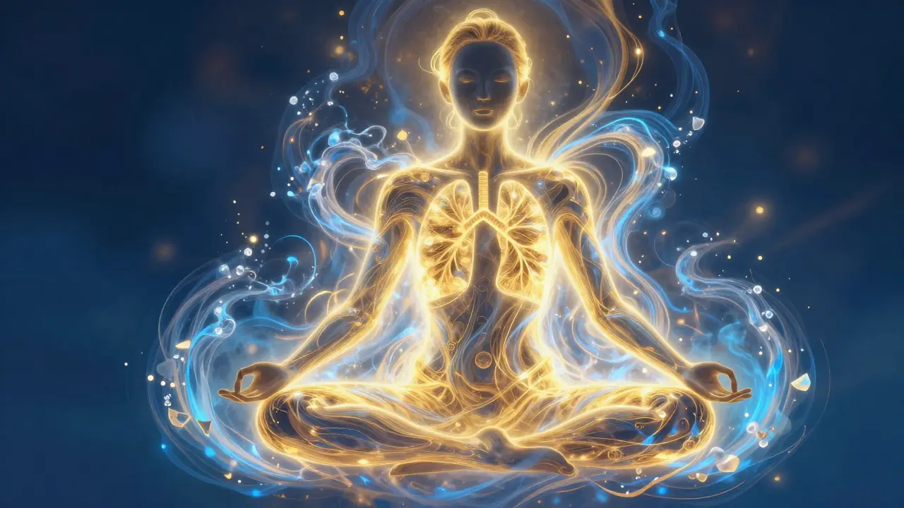 Konceptuální obraz člověka plného energie a kyslíku s prouděním zlatého světla v těle.