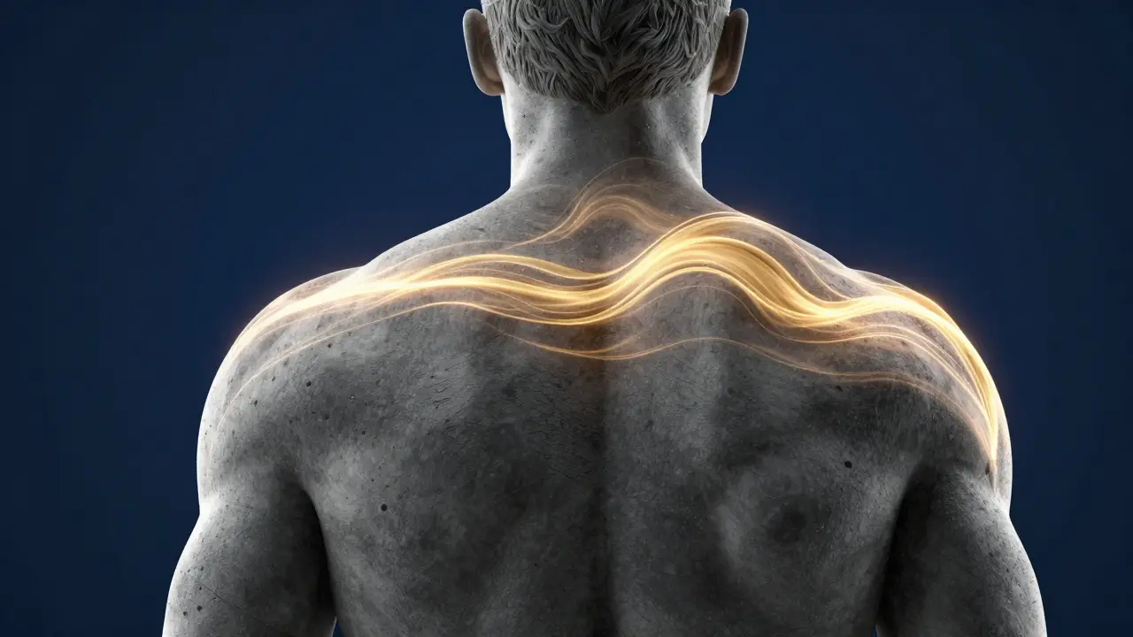 Kresba znázornující uvolnění svalového napětí v oblasti zad a ramen.