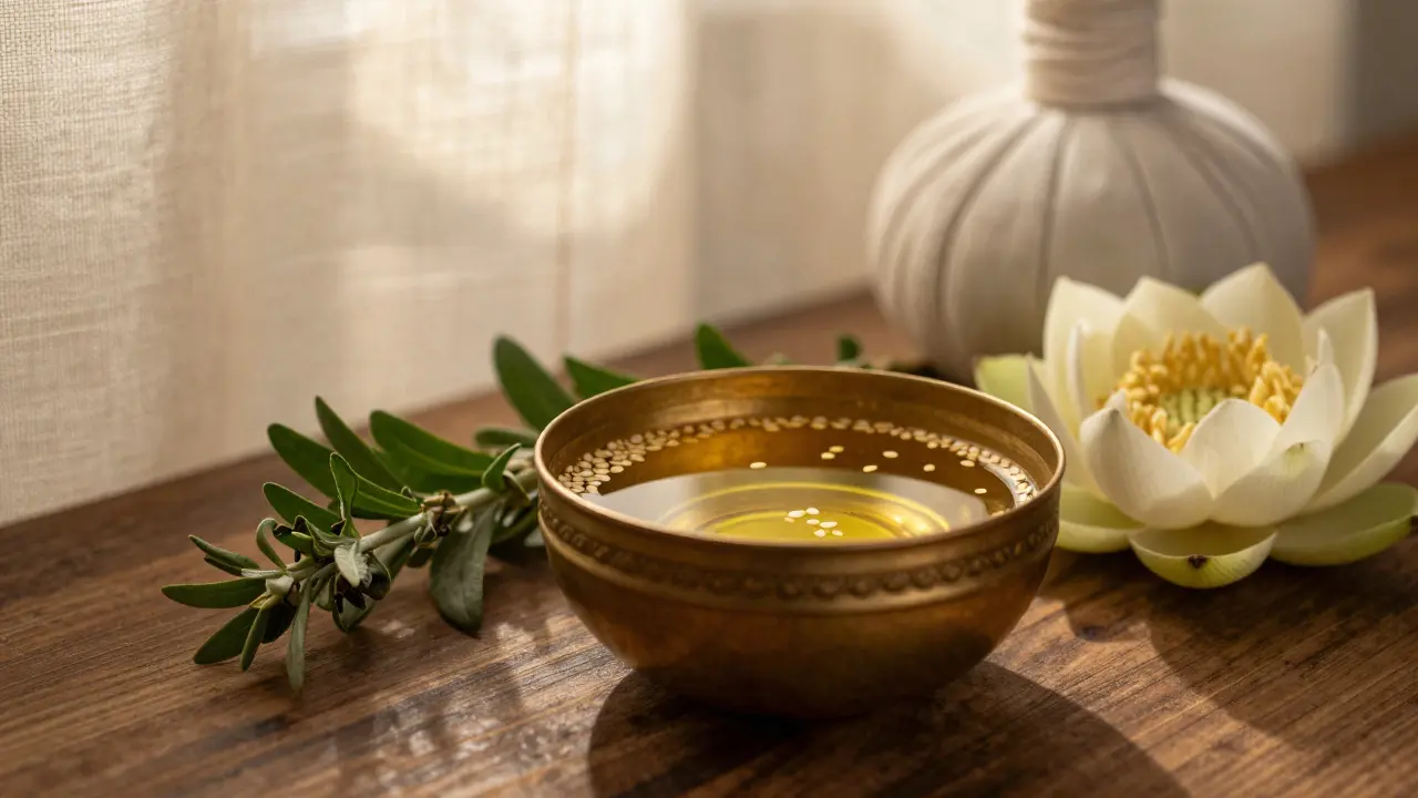 Mise s teplým zlatým olejem a bylinkami na dřevěném stole v uklidňujícím světle.