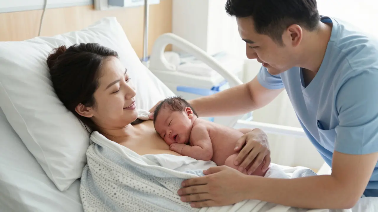 Otec pomáhá matce s novorodkem při prvním skin-to-skin kontaktu.