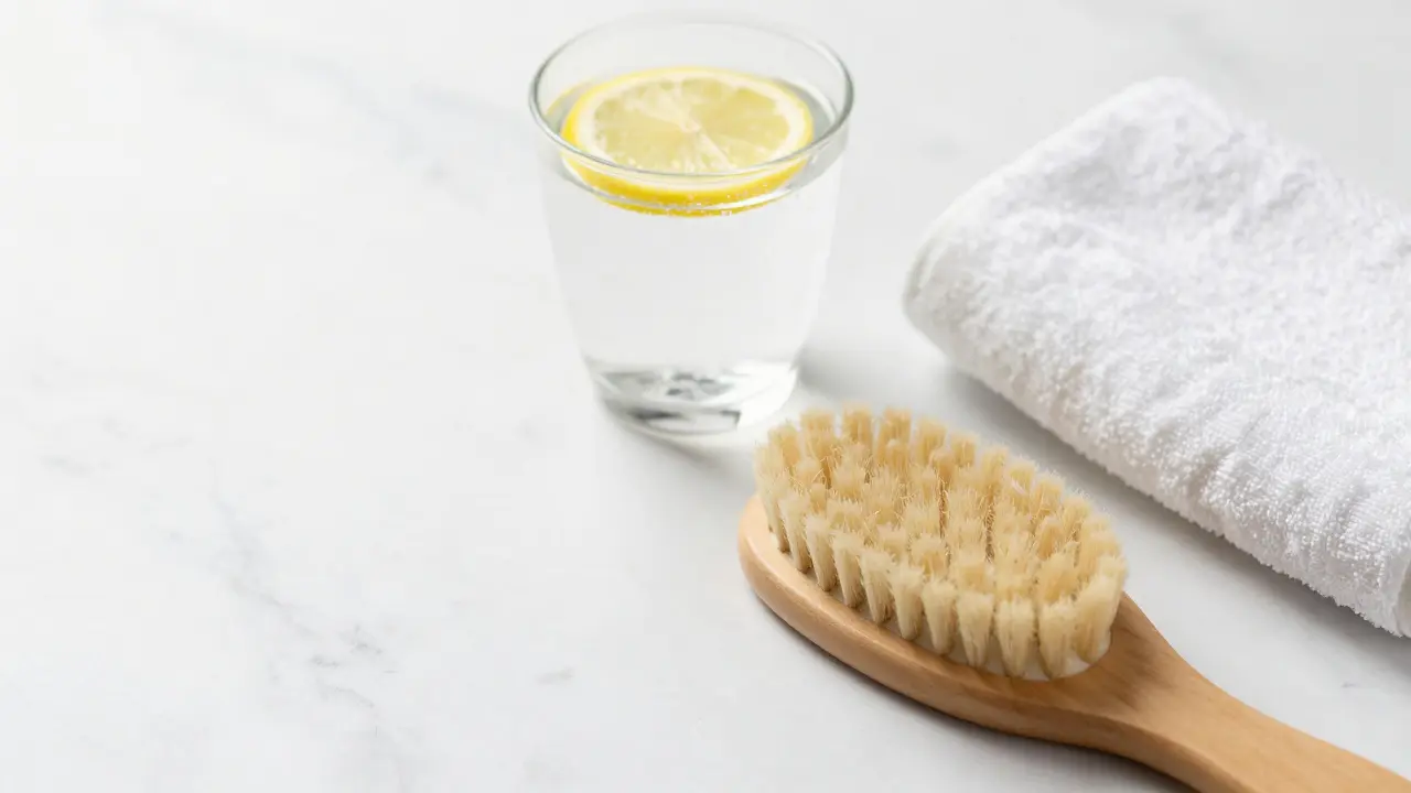 Sklenice vody a kartáč na suché masáže pro péči o tělo.