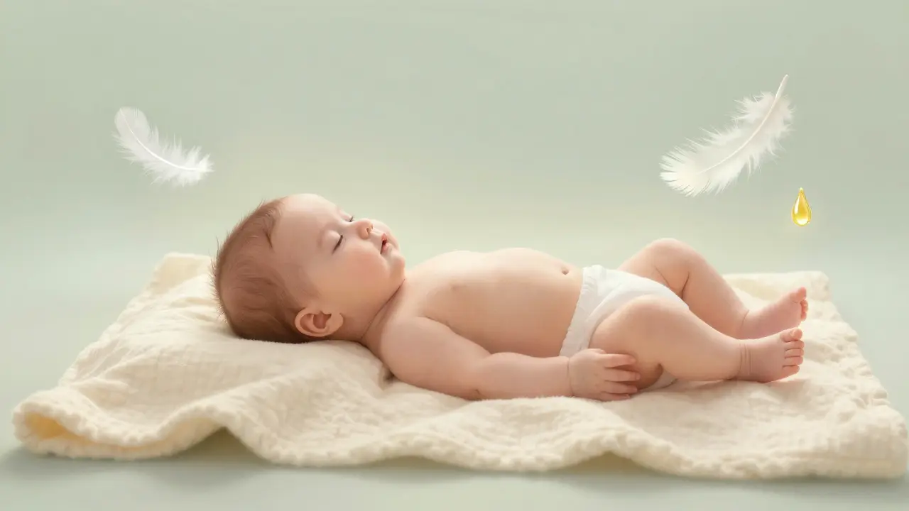 Snová ilustrace kojence na měkké podložce v uklidňujícím, bezpečném prostředí.