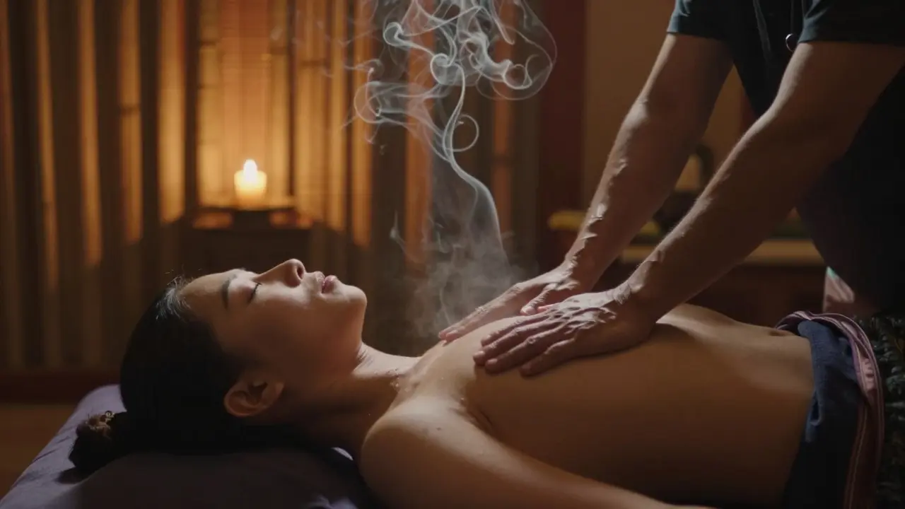 Thajský masér provádí protažení hrudníku pro uvolnění dýchacích cest v klidném studiu.