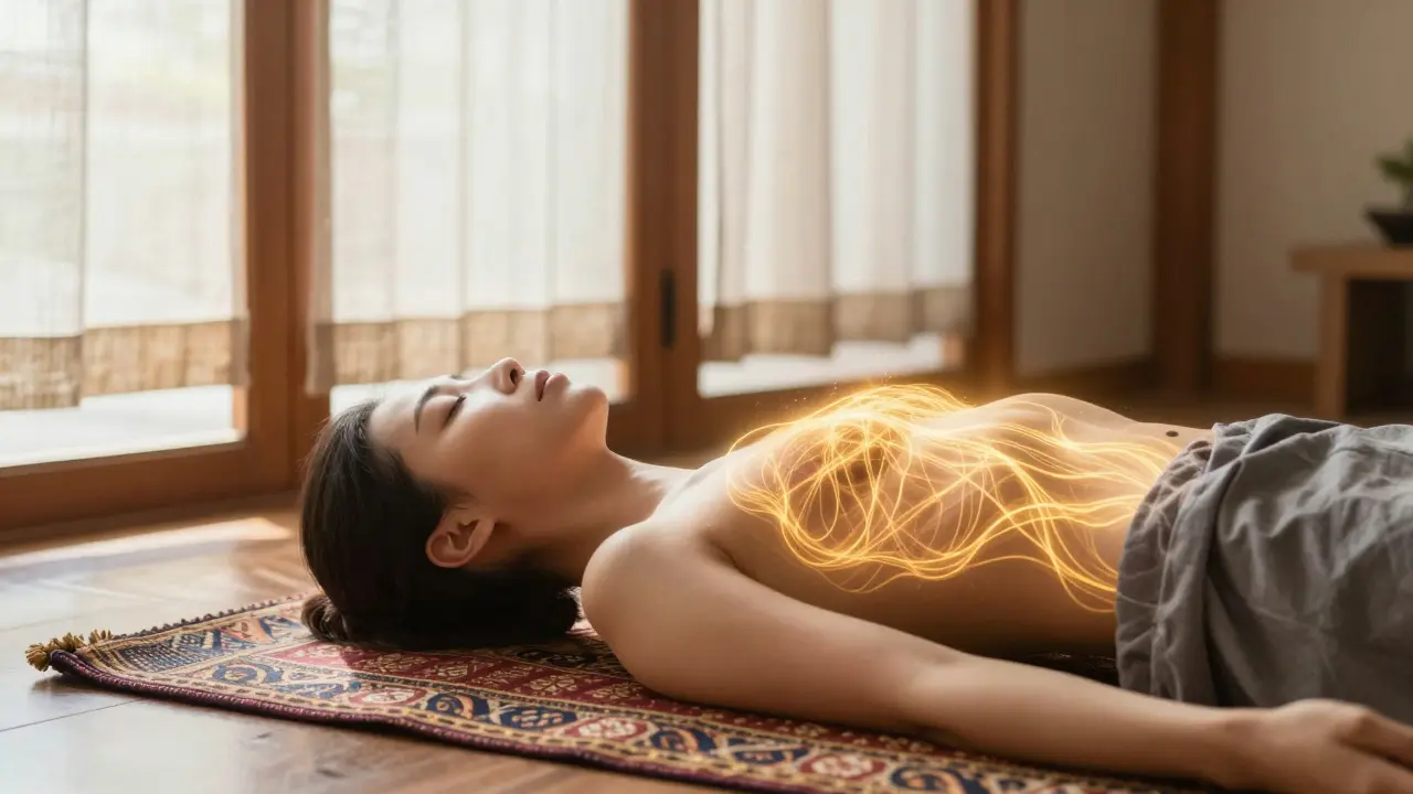 Zářící zlaté energetické linie Sen proudící skrz hrudník během thajské masáže.