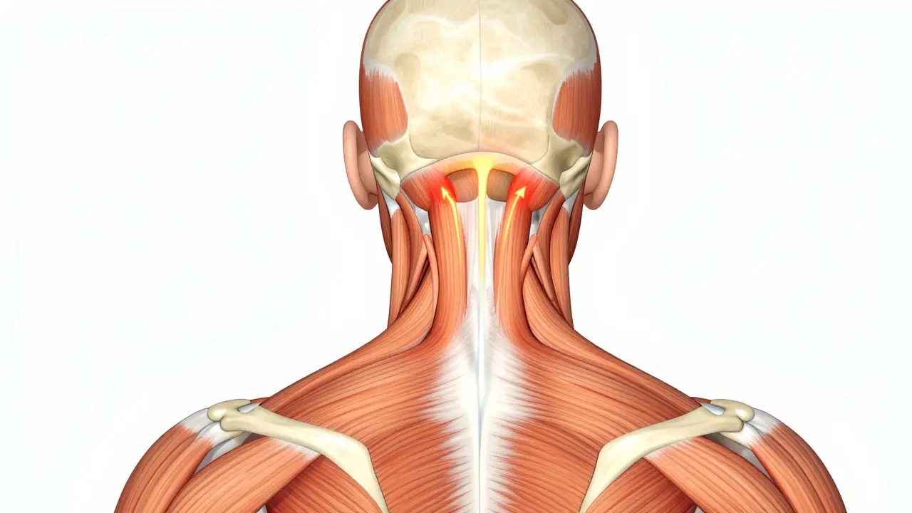 Anatomická ilustrace napjatých svalů krku a ramen s trigger body