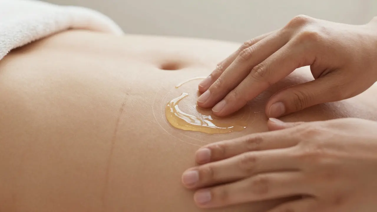 Detailní záběr na aplikaci hydratačního oleje na pokožku se striemi