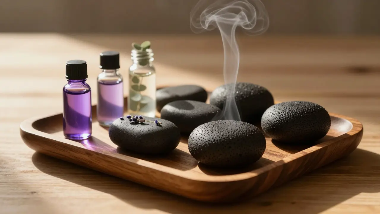 Lávové kameny a éterické oleje v klidné atmosféře wellness studia