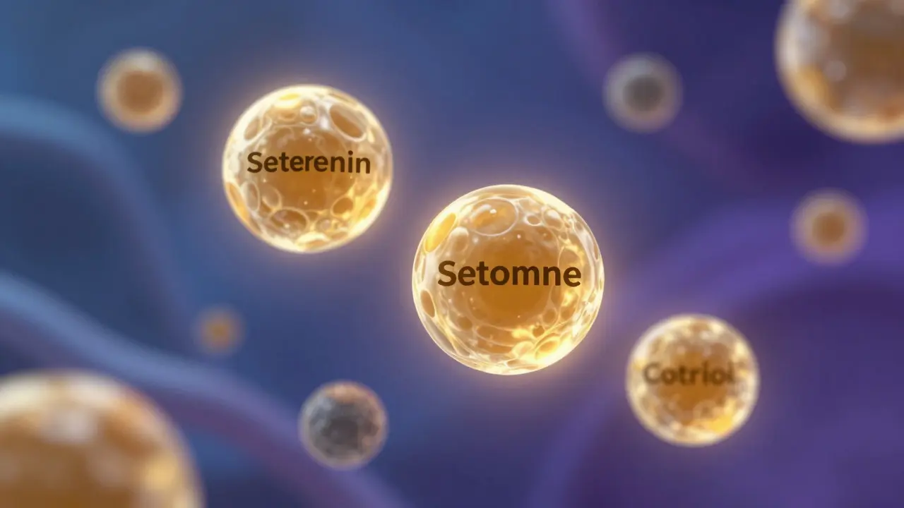 Zlaté molekuly serotoninu a dopaminu v modrém chemickém prostředí