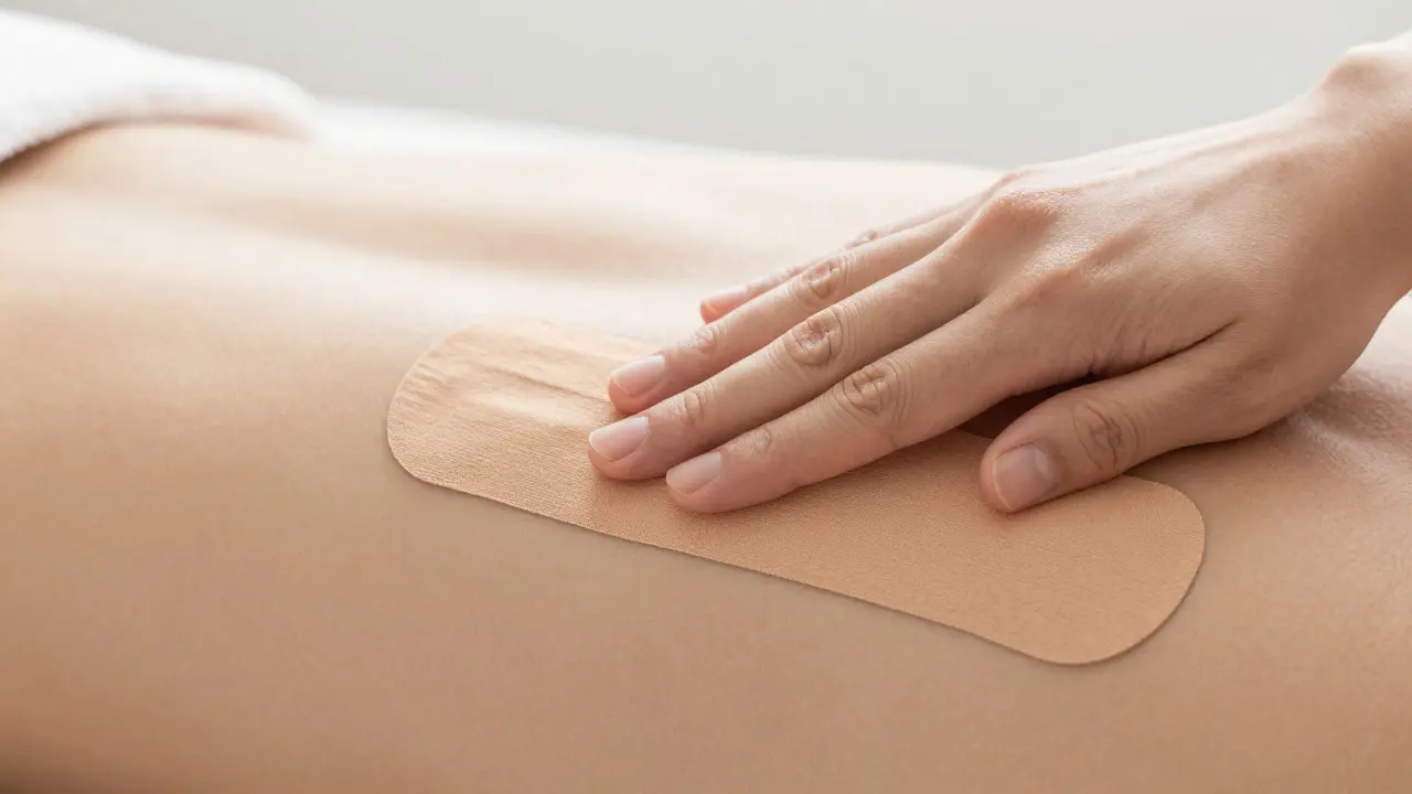Aplikace kinesiotapy na paži s aktivací lepidla třením dlaní