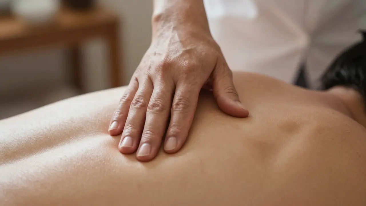 Detail ruky terapeuta aplikujícího akupresuru na záda pacienta