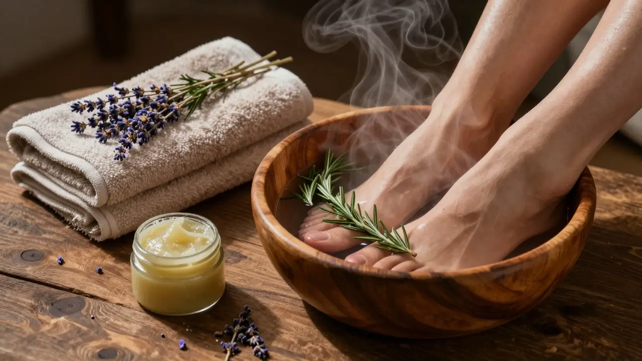 Nohy močené ve vodě s rozmarýnem jako součást večerního relaxačního rituálu