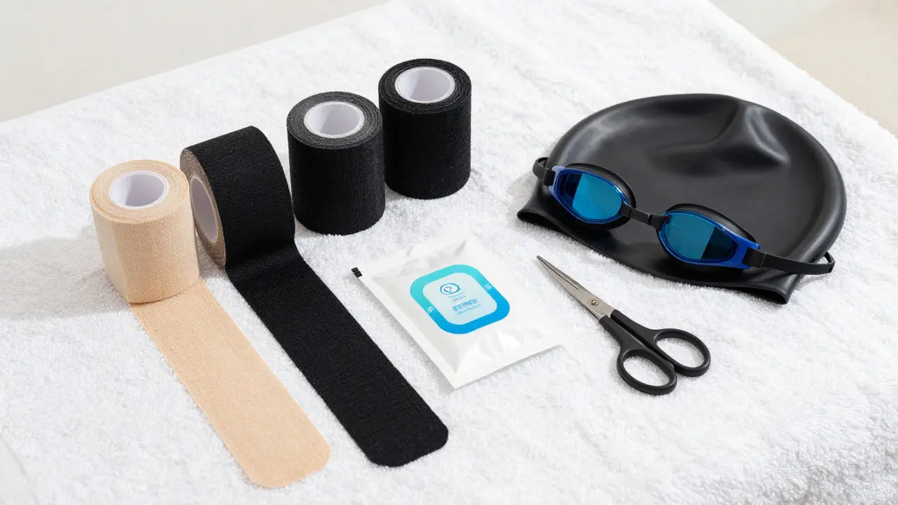 Role kinesiotape, nůžky a osuška připravené pro tejpování