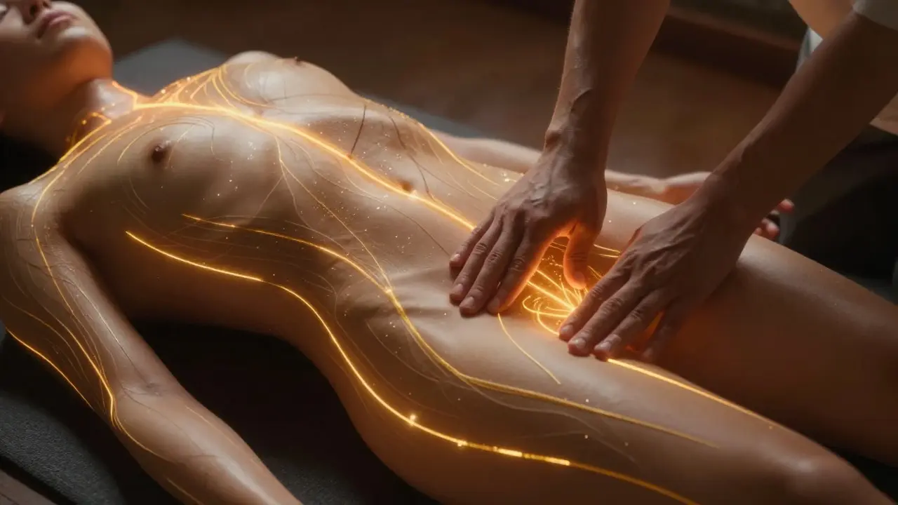 Zlaté energetické linie na těle při thajské masáži