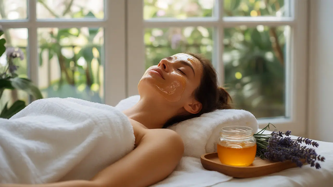 Žena s medovou maskou na obličeji relaxující doma
