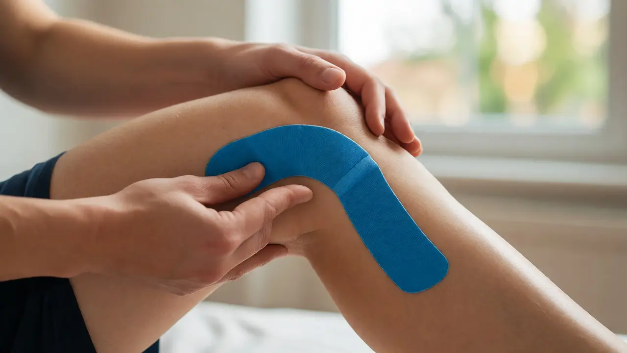 Aplikace kinesiotapu na ohnuté koleno rukama