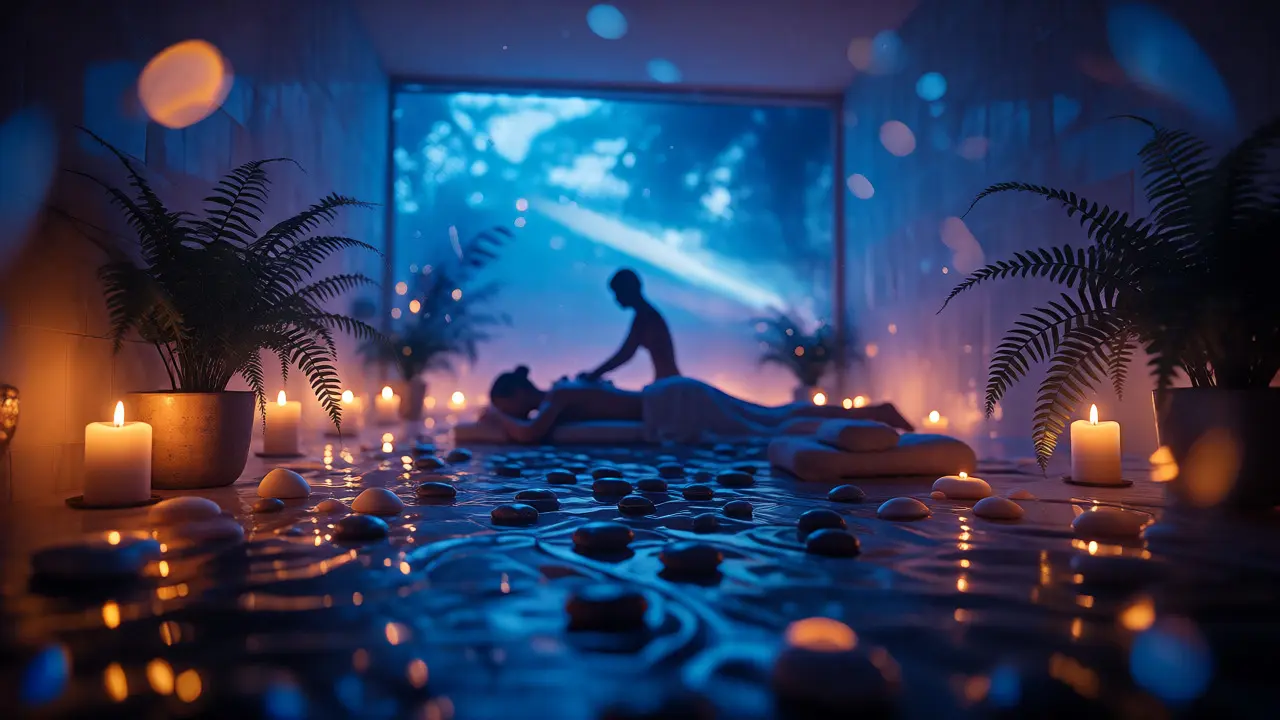Atmosféra relaxačního spa s tlumeným světlem a svíčkami